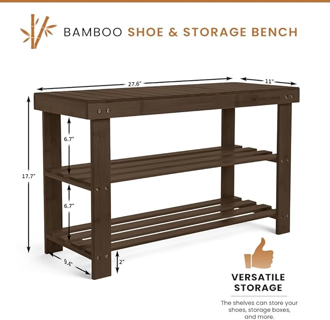 Leaf & Grain Bamboo Shoe Rack - Shoe Storage Bench for Front Door Entrance – Entryway Bench with Shoe Shelf, Shoe Storage Organizer, Wooden Shoe Rack, Durable Shoe Bench for Home (Walnut)