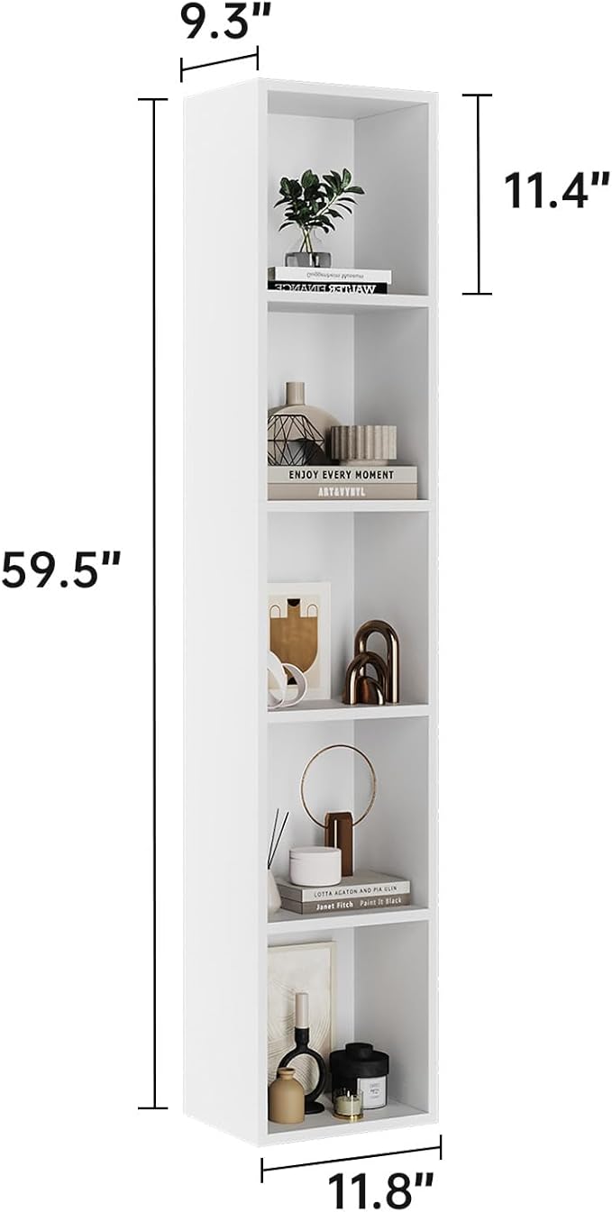 oneinmil Tall Narrow Bookshelf, 5-Tier Cube Display Rack, Modern Corner Bookshelf with Storage Space, CD Storage Cabinet for Home Office (White 1 Pack, 5-Tier)