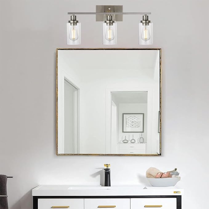 MELUCEE 3 Lights Wall Sconce Brushed Nickel Finished Modern Bathroom Vanity Light Fixtures with Clear Glass Shade Suit for Porch Bedroom Foyer Kitchen (Patent No.: US D963914 S)
