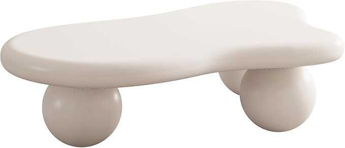 47 Inch Cloud Shaped Coffee Table with 3 Ball Legs for Living Room Cream White