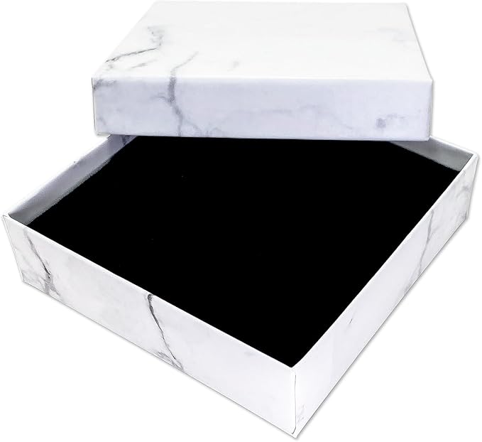 TheDisplayGuys - 24-Pack Cardboard Kraft Paper Jewelry Gift Boxes w. Velvet Padding - Necklace/Pendant - Marble White - #33 (3.5" x 3.5" x 1.0")