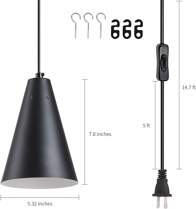 Black Plug In Pendant Light,Hanging Lights With Plug In Cord On/Off Switch, Mini Pendant Lights for Kitchen Island,Modern Farmhouse Pendant Light Fixture with Metal Shade,Hanging Lamps for Bedroom