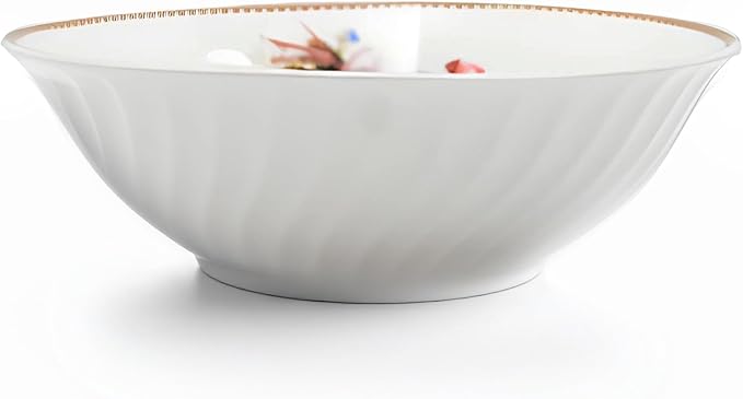 Lynns Paradise Timeless Rose 9-Inch Big Bowl, Set of 3, Pink; 24K Gold Trim, Embossed Swirl, Colorful Floral Print, Porcelain