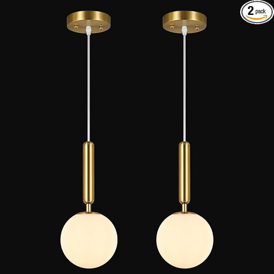 Modern Hanging Light Fixture Pendant Lighting for Kitchen Island Mid Century Gold Pendant Lights with Globe Milky White Glass Pendant Light for Bedroom Bathroom Entryway (2 Pack)