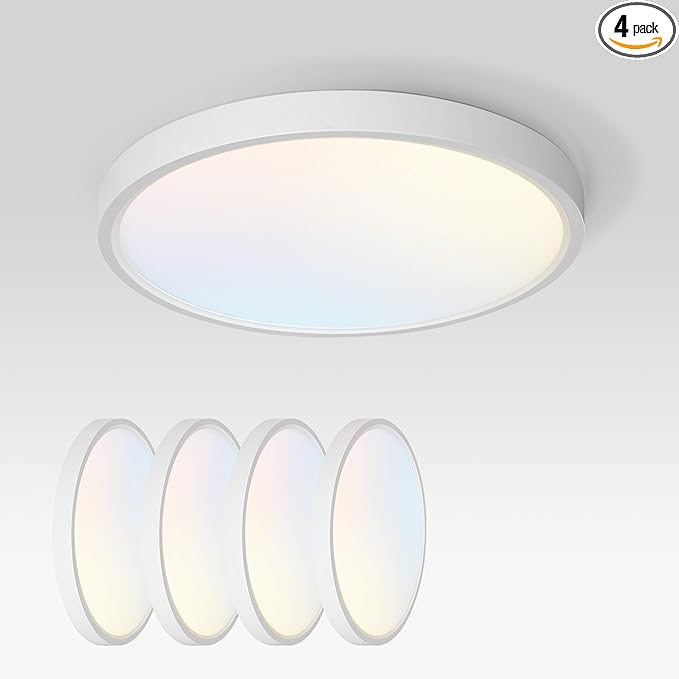 ASD LED 12" Round Flush Mount Ceiling Light Fixture, Low Profile Surface Lighting | 5CCT, Dimmable, Ultra-Thin, ETL Listed | 24W 2000LM 2700-6000K 100-277V | Kitchen, Hallway Lamp | White, 4 Pack