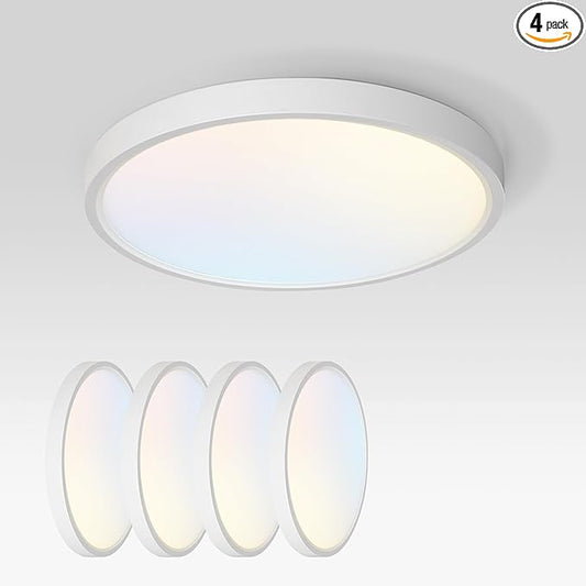 ASD LED 12" Round Flush Mount Ceiling Light Fixture, Low Profile Surface Lighting | 5CCT, Dimmable, Ultra-Thin, ETL Listed | 24W 2000LM 2700-6000K 100-277V | Kitchen, Hallway Lamp | White, 4 Pack