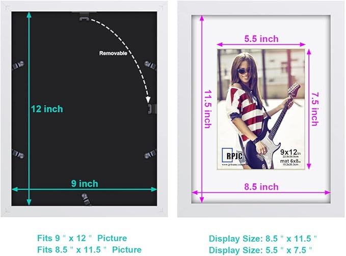 RPJC 9 x 12 Picture Frames Made of Solid Wood and High Definition Glass Display Pictures 6x8 with Mat or 9x12 Without Mat for Wall Mounting Photo Frame White