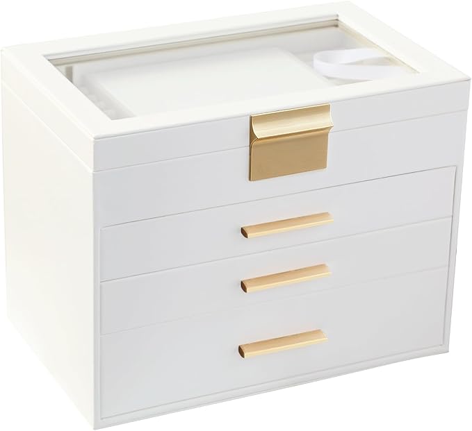 BOOVO Jewelry Boxes for Women, White and Black 4 Layer Large Jewelry Box for Necklace, Bracelet, Earrings, Rings Storage, Jewelry holder Organizer for Girls Gift (Clear White, 4 layer)