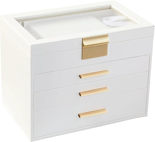 BOOVO Jewelry Boxes for Women, White and Black 4 Layer Large Jewelry Box for Necklace, Bracelet, Earrings, Rings Storage, Jewelry holder Organizer for Girls Gift (Clear White, 4 layer)