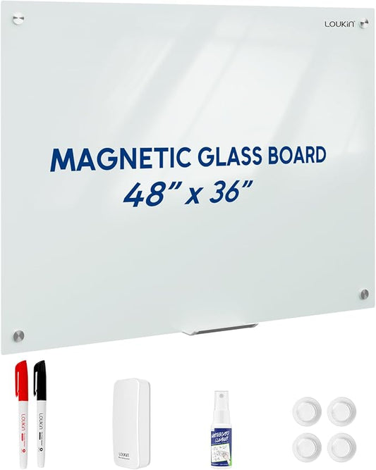 Loukin Glass Whiteboard for Wall, Magnetic Dry Erase Glass Board, Framless Surface White Board for Office, School, Dry Erase Whiteboard Set Includes Cleaner & Eraser & Marker (36" x 48")