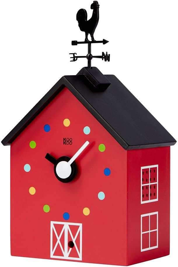 KOOKOO Red Barn Small, Farmhouse Clock with 12 Animal Sounds, a Rooster and a Rotating weathervane
