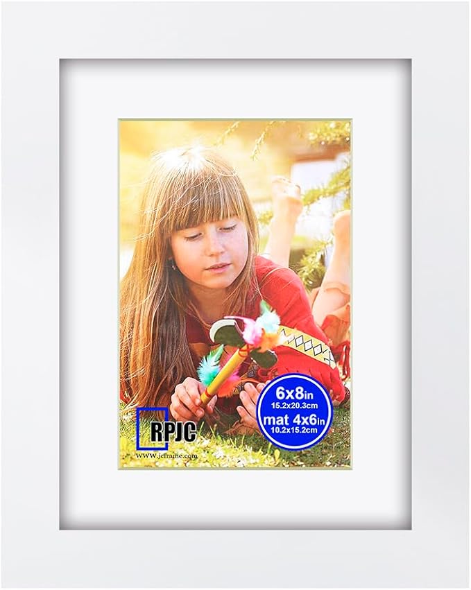 RPJC 6x8 inch Picture Frame Made of Solid Wood and High Definition Glass Display Pictures 4x6 with Mat or 6x8 Without Mat for Wall Mounting Photo Frame White
