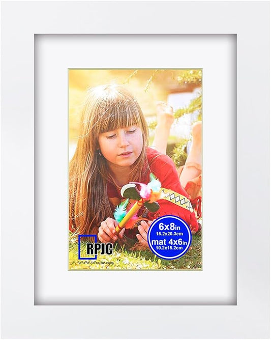 RPJC 6x8 inch Picture Frame Made of Solid Wood and High Definition Glass Display Pictures 4x6 with Mat or 6x8 Without Mat for Wall Mounting Photo Frame White