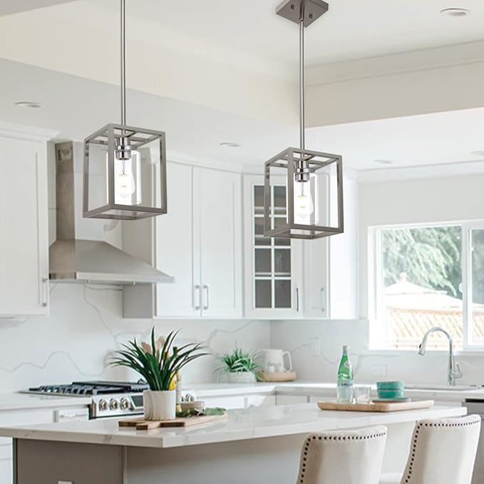 VINLUZ Contemporary Pendant Lighting,Single 1 Light Brushed Nickel Cage Hanging Light with Clear Glass Shade for Kitchen Island Entryway Dining Room Hallway Porch