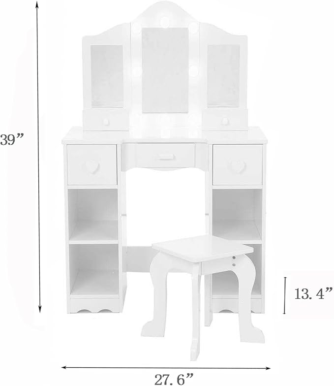 Kids Vanity Set With Mirror, 2 in-1 Wooden Toddler Vanity Table With Stool, Tri-Folding Mirror & Drawer,Princess Pretend Play Makeup Vanity Princess Makeup Desk Dressing Table for Little Girls