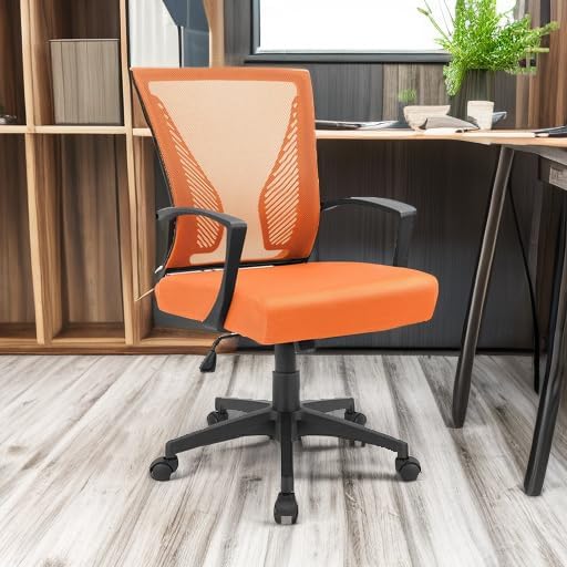 Furmax Office Chair Ergonomic Computer Desk Mesh Chair Mid Back Swivel Lumbar Support with Armrest (1, Orange)