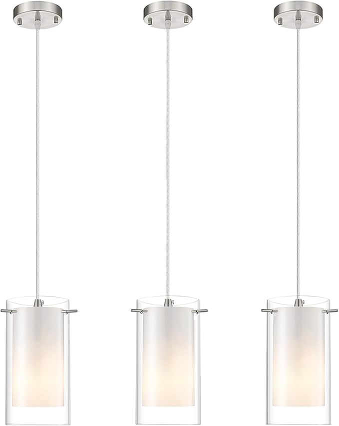 3-Light Pendant Light, Indoor Glass Hanging Light Fixture, Adjustable Height, Brushed Nickel Finish for Kitchen Dining Room