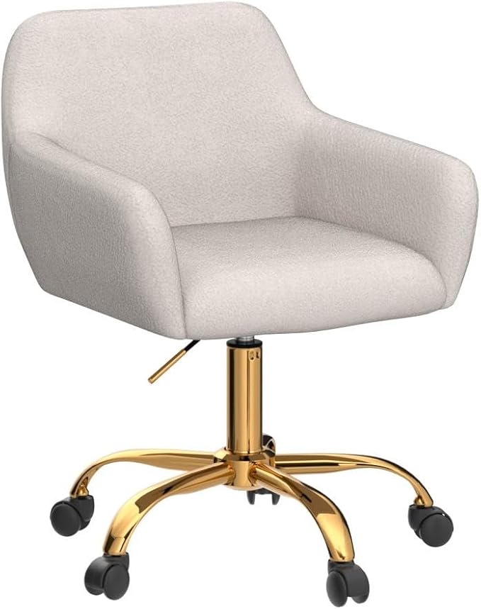 Goujxcy Fluffy Desk Chair, White Faux Fur Vanity Chair Swivel Office Chair for Girls Women, Height Adjustable Cute Teddy Furry Makeup Chairs for Bedroom Home Office