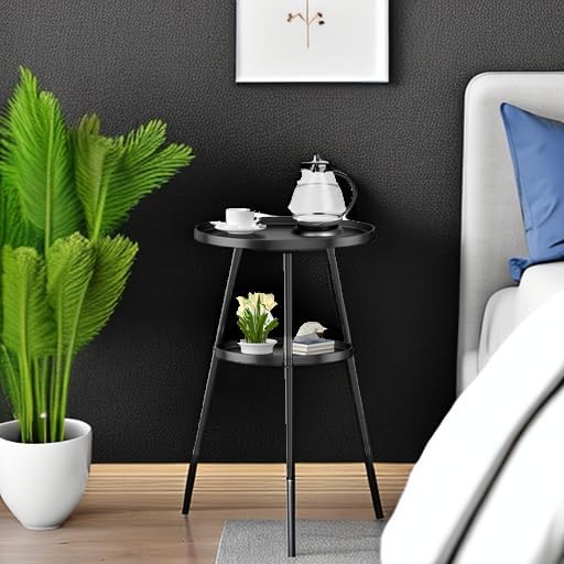 Small Side Table Round 2 Tier End Table Metal Round Coffee Tables Nightstand for Small Spaces Indoor Outdoor and Living Room Bedroom or Office