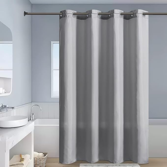 No Hook Extra Wide Shower Curtain,Polyester Fabric Shower Curtain Liner with 14 Plastic Split Grommets,Hotel Style Machine Washable & Waterproof Curtains for Bathroom,Light Grey 108x72 Inch