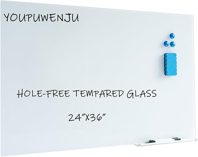 Magnetic Glass Writeboard 36"X24" Hole-Free Premium Tempered Dry Erase Whiteboard Bulletin Message Boards (White)