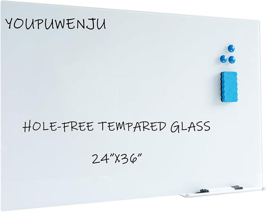 Magnetic Glass Writeboard 36"X24" Hole-Free Premium Tempered Dry Erase Whiteboard Bulletin Message Boards (White)