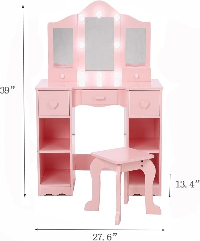 Kids Vanity Set With Mirror, 2 in-1 Wooden Toddler Vanity Table With Stool, Tri-Folding Mirror & Drawer, Princess Pretend Play Makeup Vanity Princess Makeup Desk Dressing Table for Little Girls