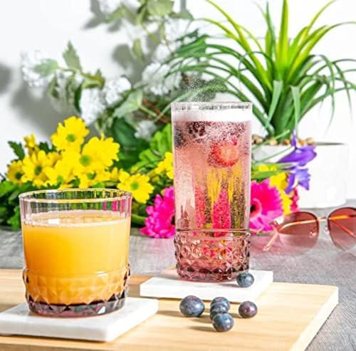 Bormioli Rocco America '20s Lilac Rose Cooler Glasses, Set of 6 - Made in Italy Tainted Crystal Glass with Diamond-Cut Design - 16.5 oz Barware Essentials for Cocktails & Spirits