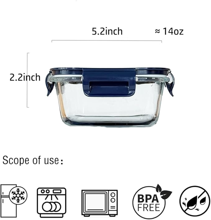 Square Glass Food Storage Containers With Lids，2 Cup Square Glass Containers With Lids, Small Food Containers, 16 oz Leak-proof lunch Bowls, Dishwasher Microwave Freezer Safe -(Dark Blue)