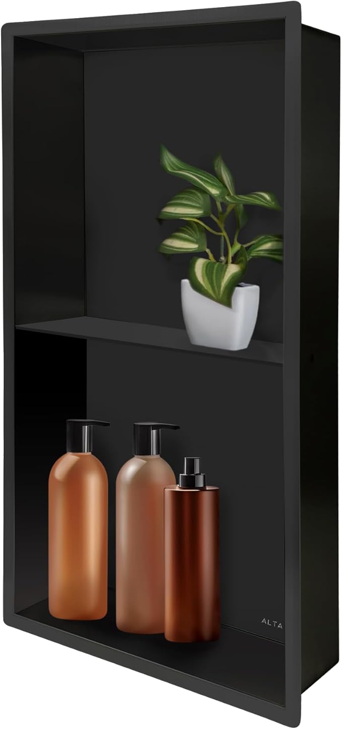 Shower Niche Lightweight Stainless Steel Easy Install Tile Needed Wall Niche Recessed Shower Shelf for Bathroom Storage (Matte Black, 13"x25" with Shelf)