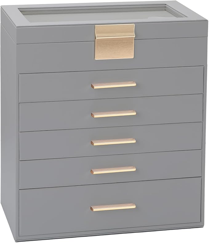 BOOVO Jewelry Boxes for Women, White and Black 6 Layer Large Jewelry Box for Necklace, Bracelet, Earrings, Rings Storage, Jewelry holder Organizer for Girls Gift (Grey, 6 Layer)