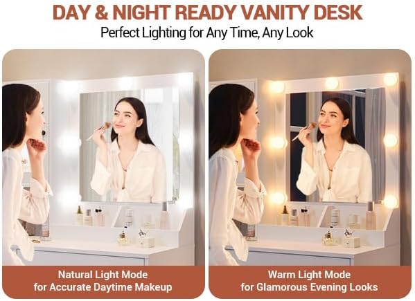Vanity Desk with Mirror and Lights, Makeup Dressing Table w/Adjustable Bulbs, Outlets & USB Ports, Sturdy MDF Top & Metal Leg, Smart Storage Drawers & Cabinets for Bedroom