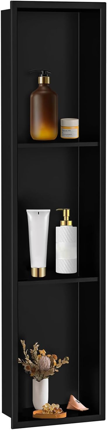 36" X 8" Stainless Steel Shower Niche Insert Tile Ready, Niche for Shower Wall, 3-Tier Recessed Shelf No Tile Needed for Bathroom Storage, Matte Black