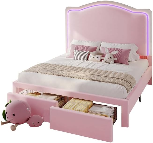 Jocisland Queen Bed Frame with Storage Drawers, 51" Adjustable Velvet Headboard, RGB LED Lights, Upholstered Platform Bed, Modern Bed for Teens, Guest Room, No Box Spring Needed, Pink