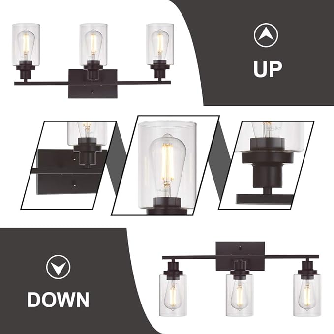 MELUCEE 3 Light Bathroom Vanity Light Oil Rubbed Bronze, Industrial Wall Light Fixture with Clear Glass Shade Sconces for Bedroom Porch Kitchen Living Room (Patent No.: US D963914 S)