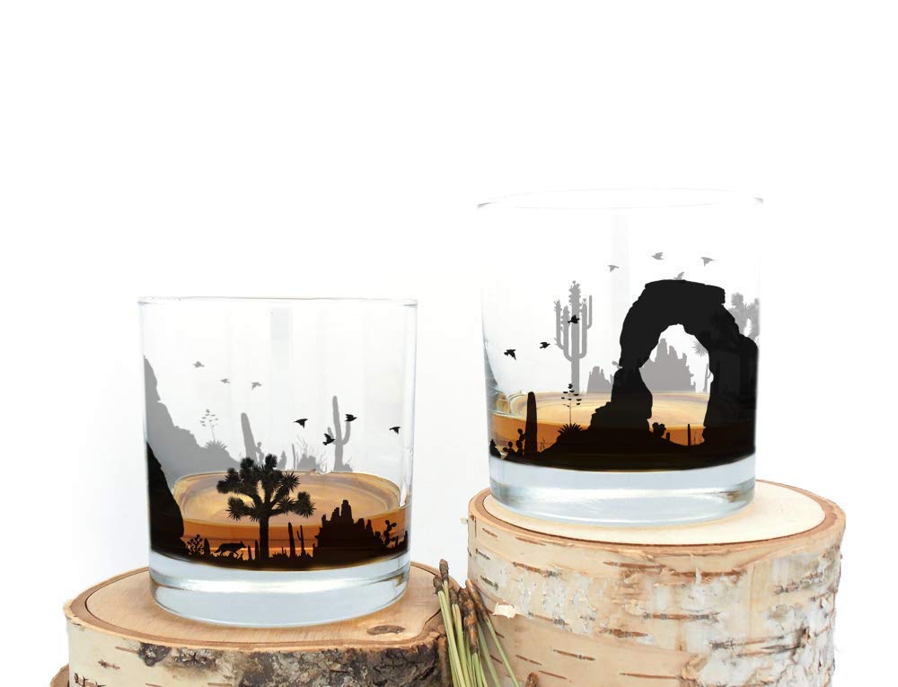 Desert Landscape Whiskey Glasses - Hand-Printed Rock Glass Set - Dishwasher Safe Tumbler Glass Set by Black Lantern - Set of 2 11oz. Glasses