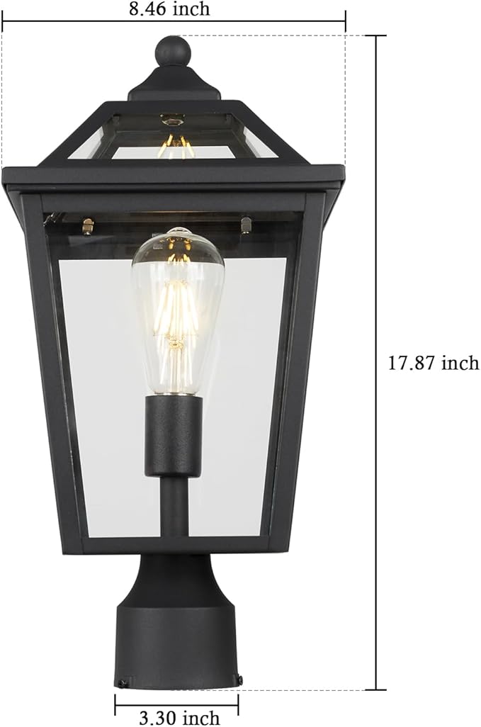 Colonial Outdoor Post Light Fixture, 8.5 Inch Large Modern Exterior Pillar Lantern with Black Finish & Clear Glass, Pole Light for Garden, Backyard, Courtyard, Patio, Pathway,RZ-033P BK-1