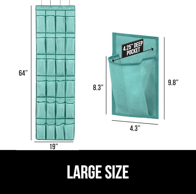 GORILLA GRIP Over the Door Shoe Organizer, 24 Large Breathable Mesh Pockets, Space Saving Hanging Storage Holder, Closet Rack Hanger Holds Up to 40 lbs, Hangs on Closets, Shoes, Accessories, Turquoise