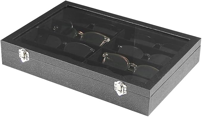 Coward Sunglass Organizer Tray Box, Black Velvet Grids Eyeglasses Display Tray Case with Transparent Glass Lid for Home Use or Store Shop Selling Show