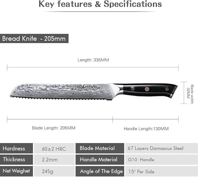 Professional serrated Bread Knife 8 Inch - Classic Damascus pattern Japanese VG-10 Steel Kitchen Knives