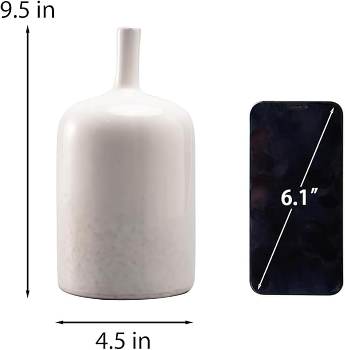 White Ceramic Vase Home Decorations - Modern Vase with Long Neck, Reactive Glazee White Vases for Flower, Flower Arrangement Spring Decorations for Home 4.5 x 4.5 x 9.5 Inch Cynkeyee
