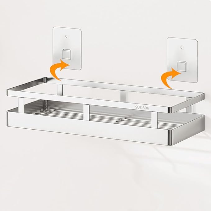 SUS304 Stainless steel Wall Mount Spice Rack Storage Basket - Seasoning Container, Kitchen Spice Organizer -Kitchen Seasoning Hanging Rack - Bathroom Shelf (Silver)