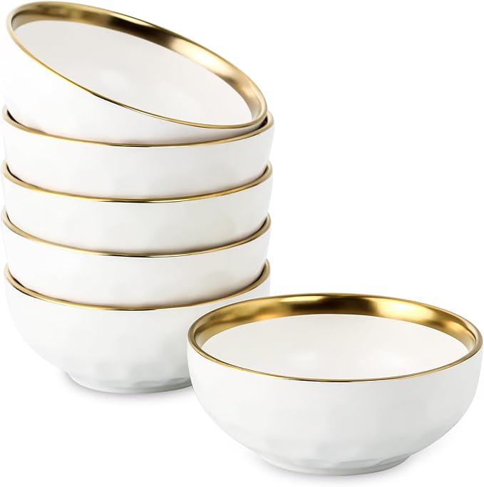 vicrays Ceramic Salad Bowls Set for Kitchen, Serving - 24 Ounce Soup Bowls, Pasta Bowls, Chip Resistant, Dishwasher Safe, NOT Microwave Safe, Fluted, Stoneware, Set of 6 (White with Golden)