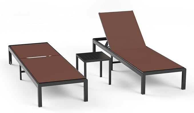 Aluminum Lounge Chairs Outdoor Chaise Furniture,2 Sets Patio Metal Deck Lounger Adjustable 5-Position Poolside Chase Recliner with Wheels for Beach,Coffee Table, (Brown, 2 Chair＋Table)
