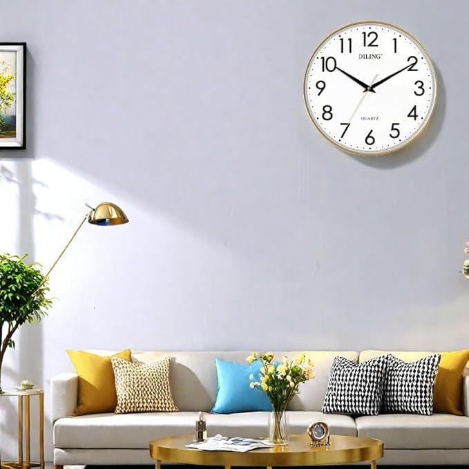 13 Inch Round Wall Clock Silent Non-Ticking Battery Operated Large Display Analog for Living Room Bedroom Study and Kitchen Decor(Gold)
