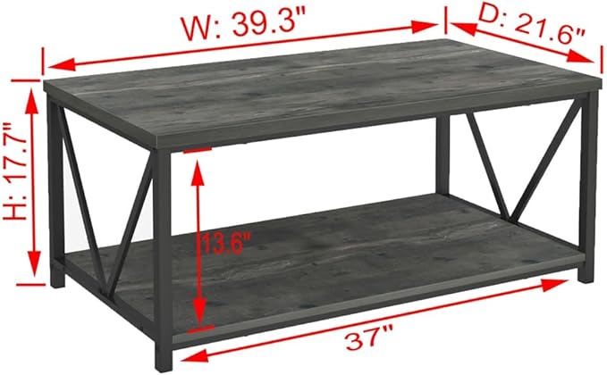 EXCEFUR Coffee Table, Rustic Wood and Metal Center Table for Living Room, 39.3 Inch Grey