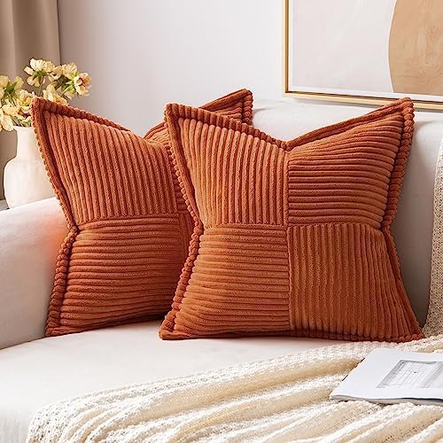 MIULEE Rust Fall Decorative Euro Sham Throw Pillow Covers for Couch Bed Livingroom 22x22 Inch Set of 2 Boho Accent Throw Pllows Broadside Striped Patchwork Soft Corduroy Pillowcases
