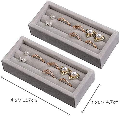 DesignSter Small Jewelry Tray, 2PCS Ring Organizer, Velvet Jewelry Display Tray, Stackable Jewelry Organizer Trays, Jewelry Drawer Organizer Inserts For Dresser, Jewelry Box (Gray)