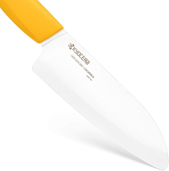 Kyocera’s Revolution Series 5.5” Ceramic Santoku Knife, Chef Knife For Your Cooking Needs, Yellow Handle, White Blade