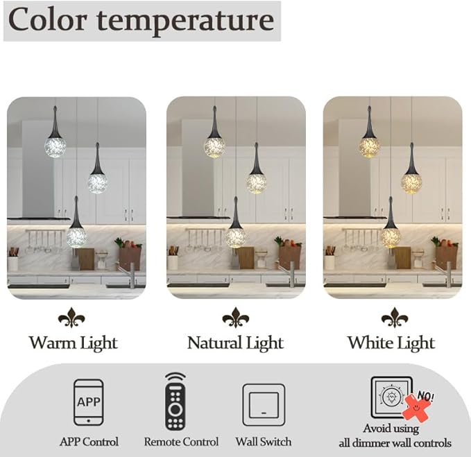 Pendant Light Fixtures 3-Light Kitchen Island Pendant Lights Modern Black Chandelier Dimmable LED Pendant Lighting for Kitchen Island Dining Room